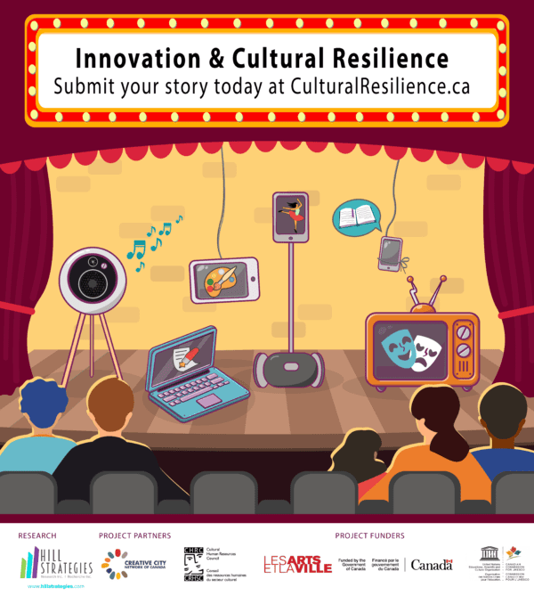 Image: Marquee reads “Innovation & Cultural Resilience. Submit your story today at http://CulturalResilience.ca.” Electronic devices on stage play cultural works, with five people watching.